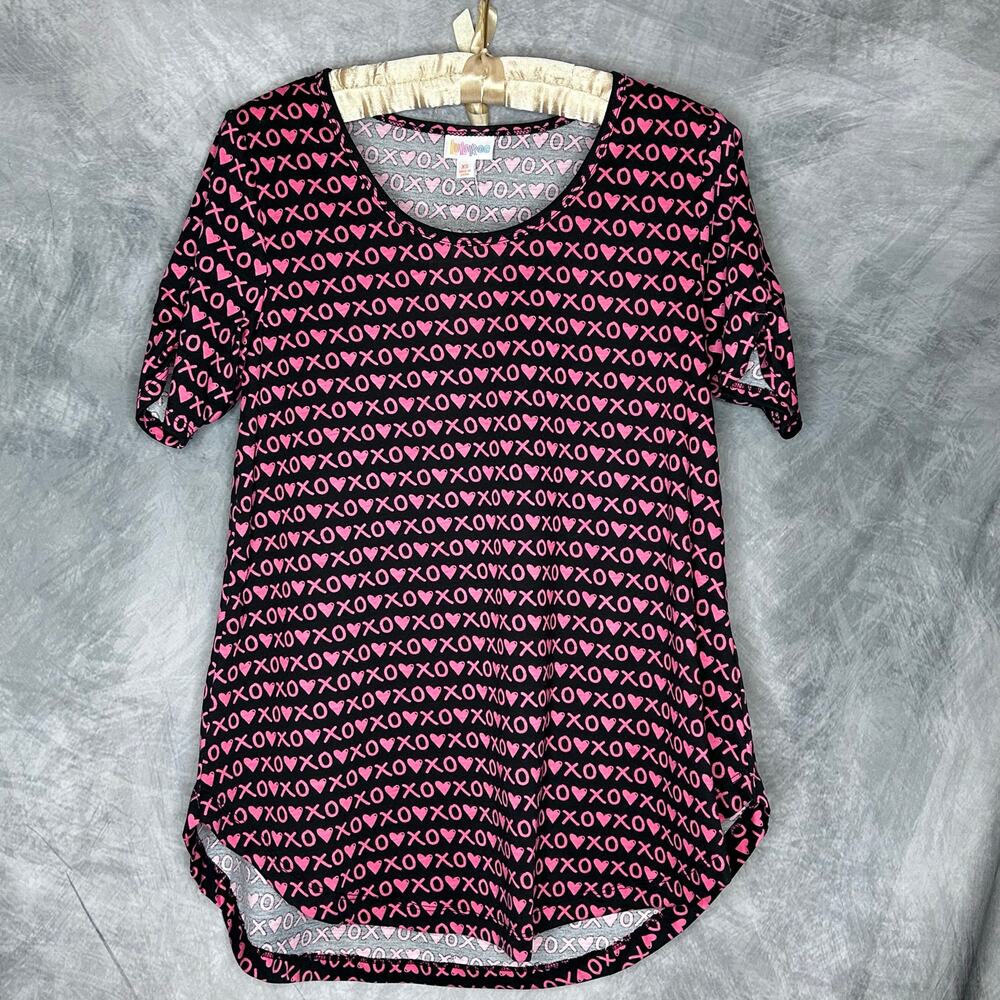 NEW Lularoe Top Women XS Runs Lg Short Sleeves "Morgan" Black Pink Heart Comfy